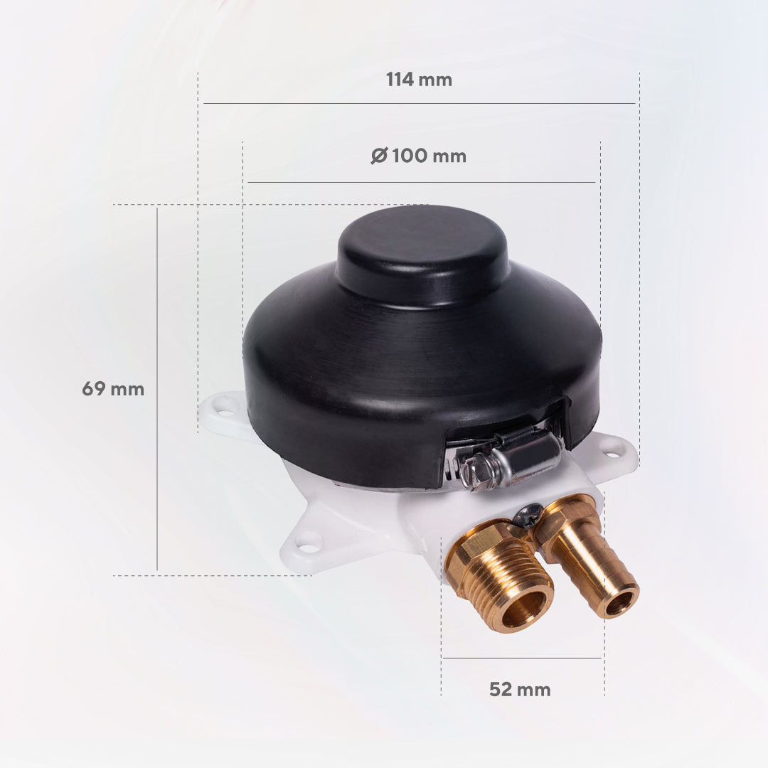 Plano de medidas de la bomba de pie Gricol: 11,4 cm de ancho, 10 cm de diámetro y 6,9 cm de alto