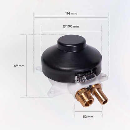 Plano de medidas de la bomba de pie Gricol: 11,4 cm de ancho, 10 cm de diámetro y 6,9 cm de alto